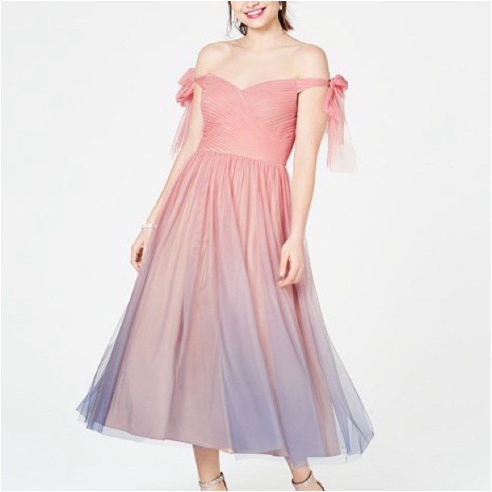 Aidan Mattox Dress 6 Pink Ombre Tulle Tie Bow Shoulder Convertible Formal Gown